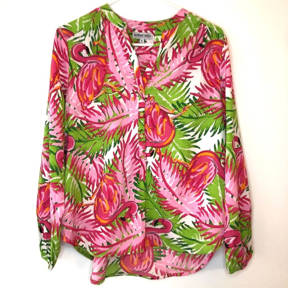 Buckhead Betties Tropical Blouse Top Pink Green Lilly Inspired Women's Small